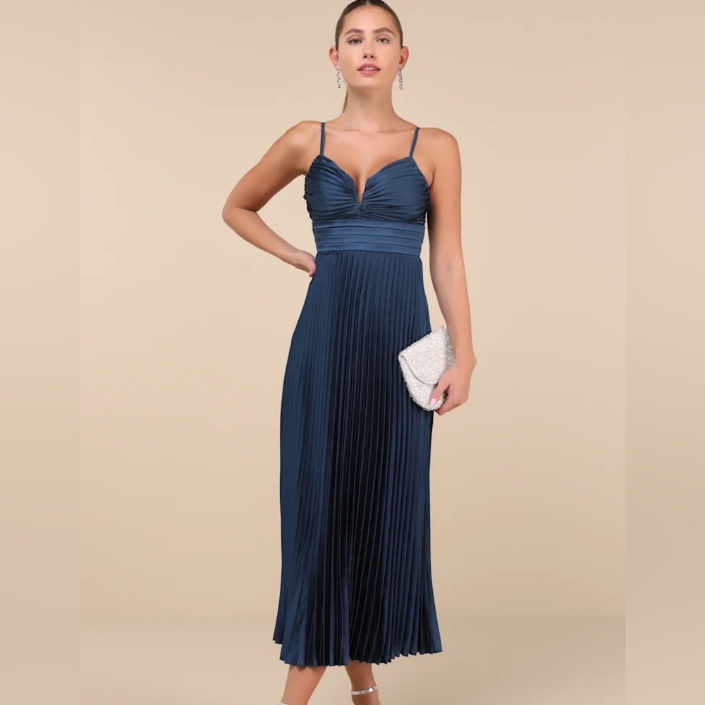Navy Blue Satin Pleated Mini Dress